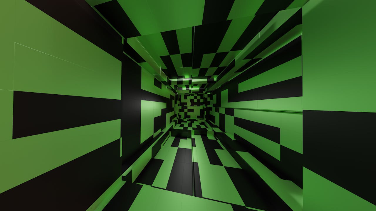 services-02 Immersive tunnel design featuring bold green and black geometric patterns creating a dynamic visual experience.